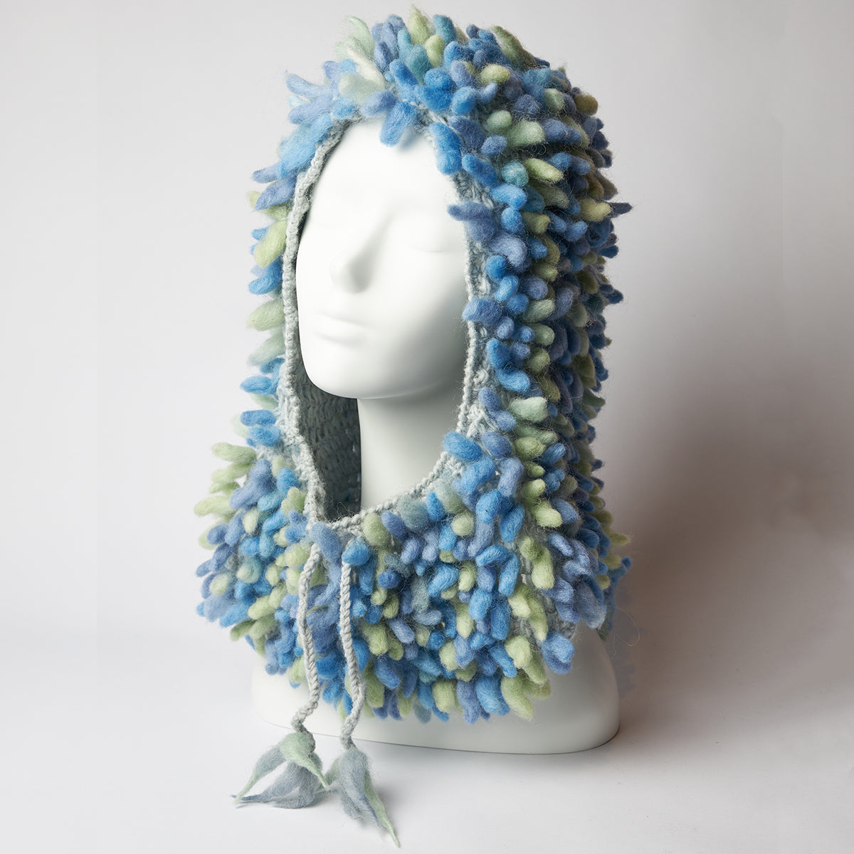 Tie-dyed hand-twisted wool fringe balaclava